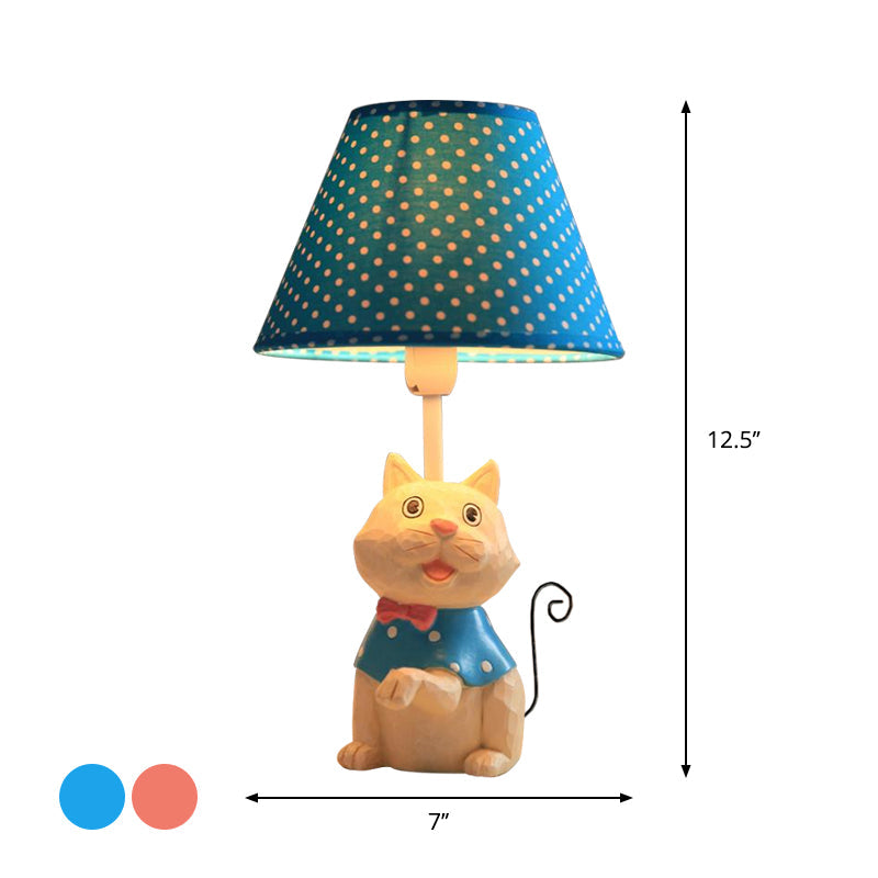 Pink/Blue Cone Reading Book Light: Cartoon Style Fabric Table Lamp With Spot Design And Cat Base