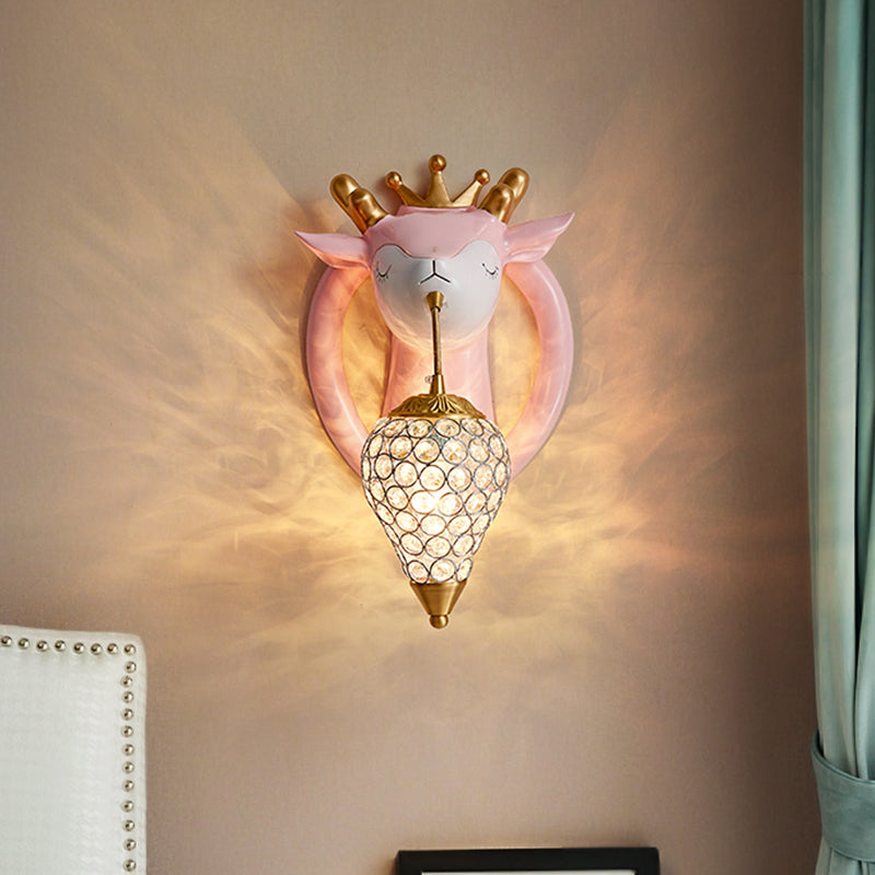 Teardrop Metal Wall Sconce With Deer Backplate - Bedroom Kids Mounted Light (1 Bulb) In Pink/Blue
