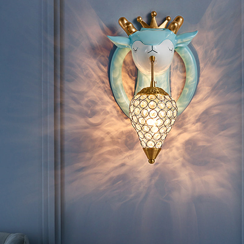 Teardrop Metal Wall Sconce With Deer Backplate - Bedroom Kids Mounted Light (1 Bulb) In Pink/Blue