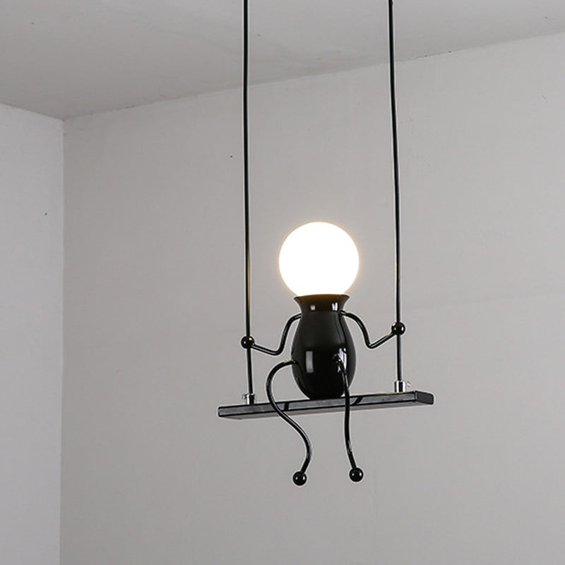 Cartoon Metal Chandelier Lamp - Swing Kid 1/2 Heads Black/White Finish Bedroom Hanging Light Fixture