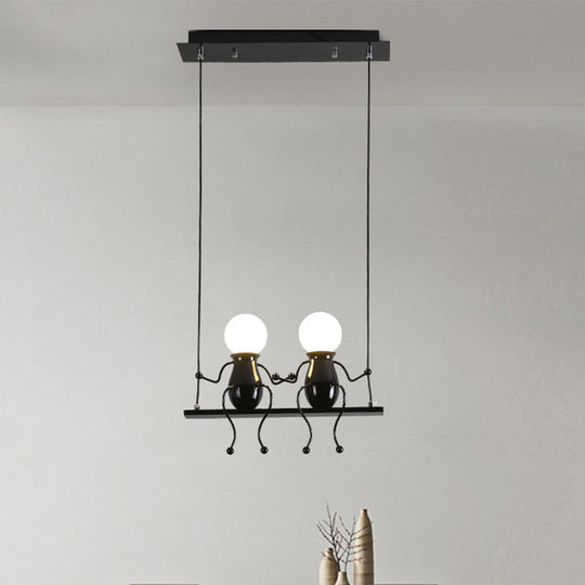 Cartoon Metal Chandelier Lamp - Swing Kid 1/2 Heads Black/White Finish Bedroom Hanging Light Fixture
