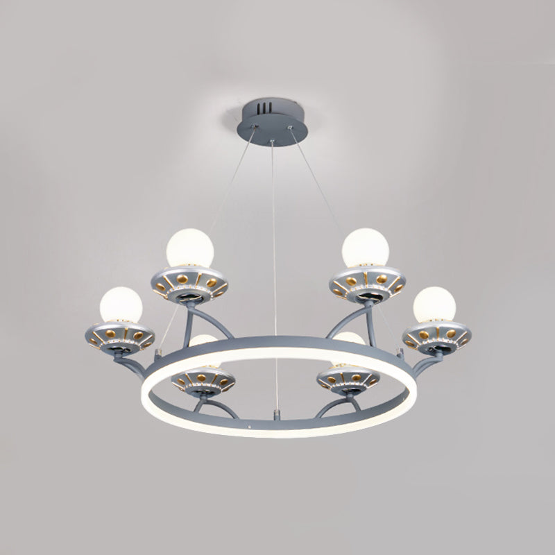 6-Light Silver Chandelier With Hanging Round Metal Frame And Sphere White Glass Shade - Kids Room