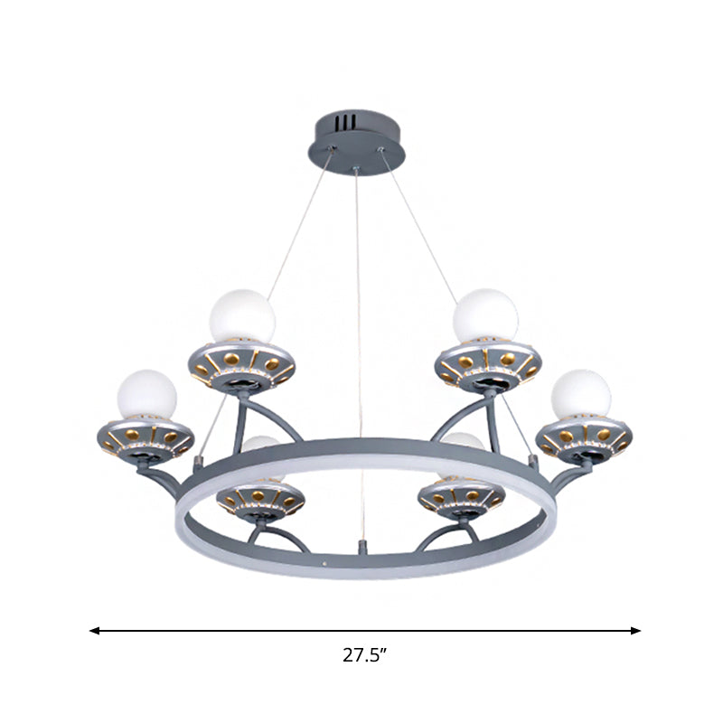 6-Light Silver Chandelier With Hanging Round Metal Frame And Sphere White Glass Shade - Kids Room