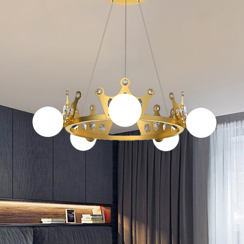 Gold Metal Crown Chandelier Lamp For Kids - 5/8 Lights Hanging Pendant With Frosted Glass Ball Shade