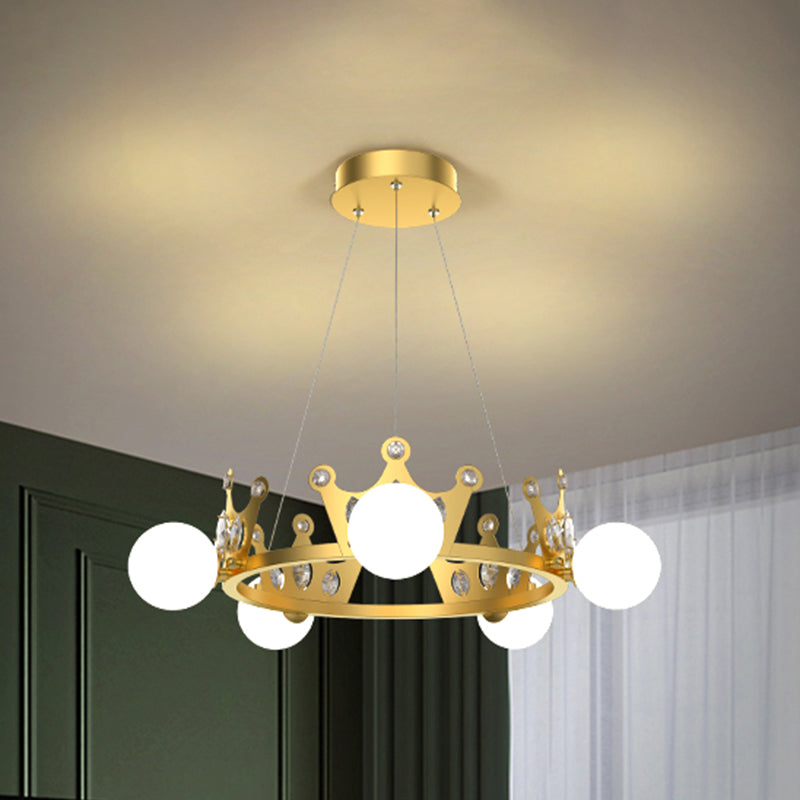 Gold Metal Crown Chandelier Lamp For Kids - 5/8 Lights Hanging Pendant With Frosted Glass Ball Shade