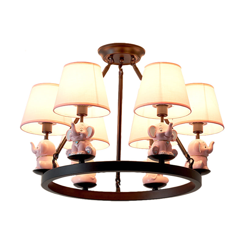6-Head Black Ring Chandelier With Cone Fabric Shade And Elephant Decor In Pink Or Blue