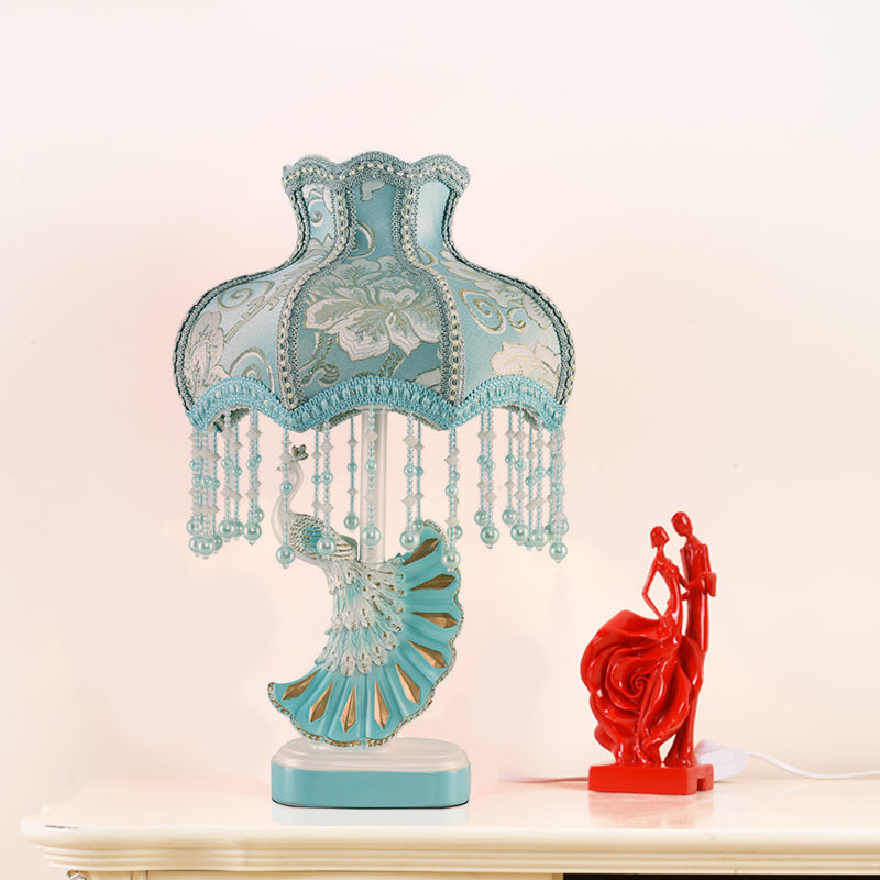 Nordic Fabric Dome Table Lamp - Pink/Blue Reading Book Light With Fringe And Peacock Deco Blue