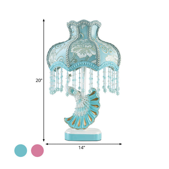 Nordic Fabric Dome Table Lamp - Pink/Blue Reading Book Light With Fringe And Peacock Deco