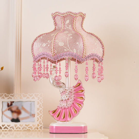 Nordic Fabric Dome Table Lamp - Pink/Blue Reading Book Light With Fringe And Peacock Deco Pink
