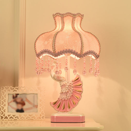 Nordic Fabric Dome Table Lamp - Pink/Blue Reading Book Light With Fringe And Peacock Deco