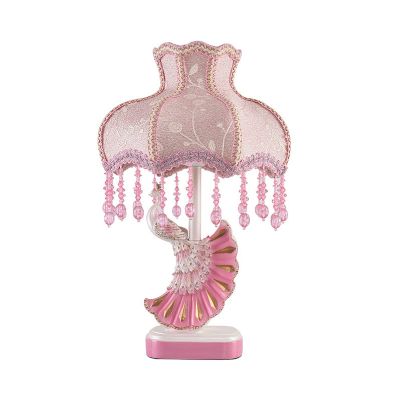 Nordic Fabric Dome Table Lamp - Pink/Blue Reading Book Light With Fringe And Peacock Deco