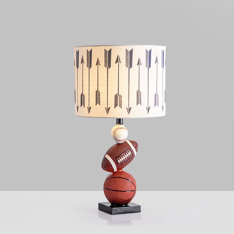 Brown Cartoon Night Table Lamp With Ball Decor - Cylinder Fabric Task Light For Bedroom