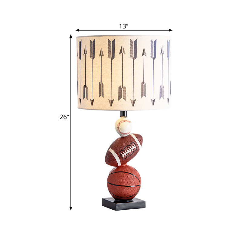 Brown Cartoon Night Table Lamp With Ball Decor - Cylinder Fabric Task Light For Bedroom