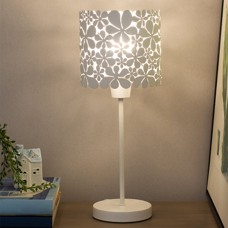 Modern White Cylinder Iron Table Lamp With Flower Design - 1 Light Nightstand