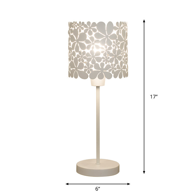 Modern White Cylinder Iron Table Lamp With Flower Design - 1 Light Nightstand