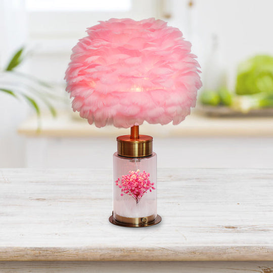 Nordic Feather Globe Study Lamp With Bottle Base And Inner Flower Decor - Grey/White/Pink Pink