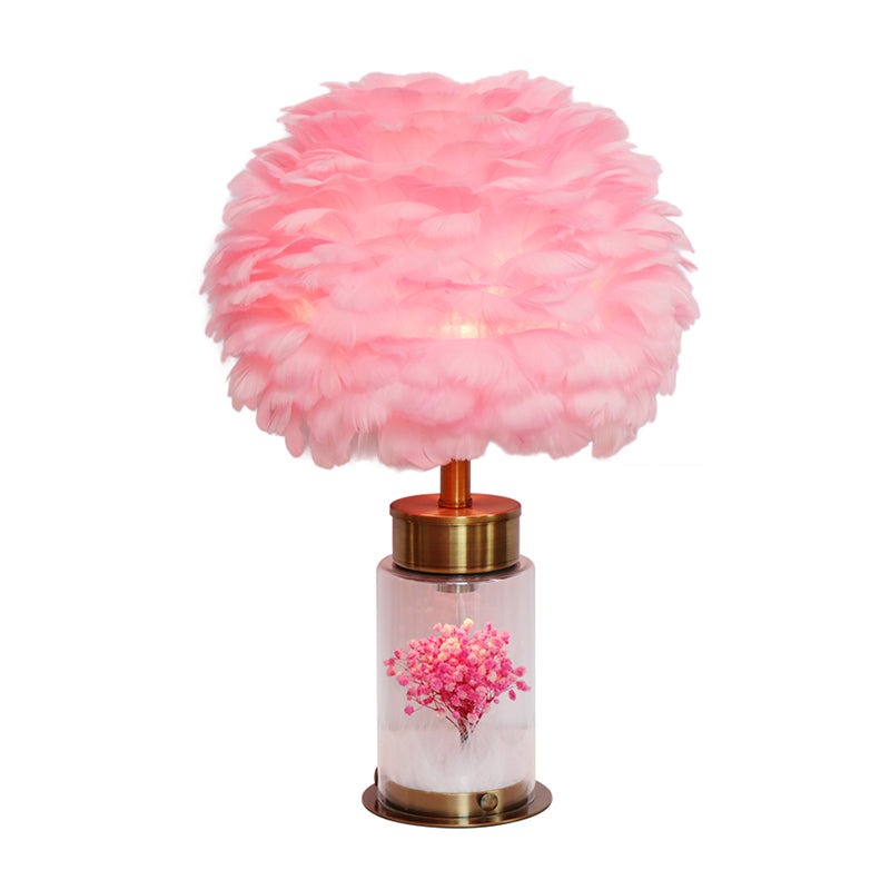 Nordic Feather Globe Study Lamp With Bottle Base And Inner Flower Decor - Grey/White/Pink
