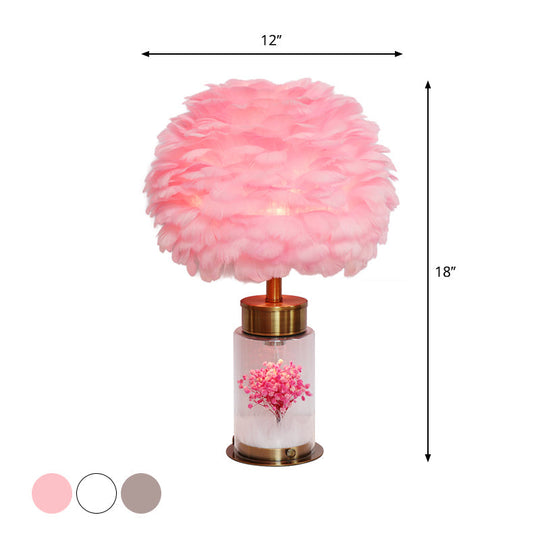 Nordic Feather Globe Study Lamp With Bottle Base And Inner Flower Decor - Grey/White/Pink