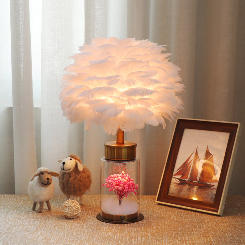 Nordic Feather Globe Study Lamp With Bottle Base And Inner Flower Decor - Grey/White/Pink White