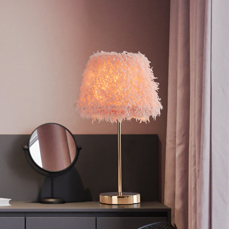 Modernist Pink/White Feather Nightstand Lamp With Gold Base - 1-Head Reading Light