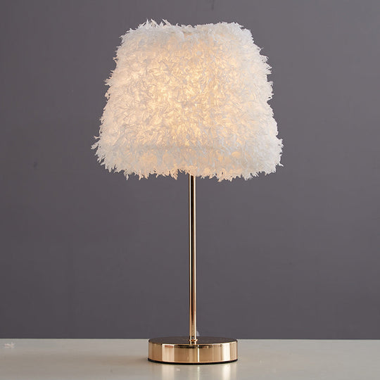 Modernist Pink/White Feather Nightstand Lamp With Gold Base - 1-Head Reading Light