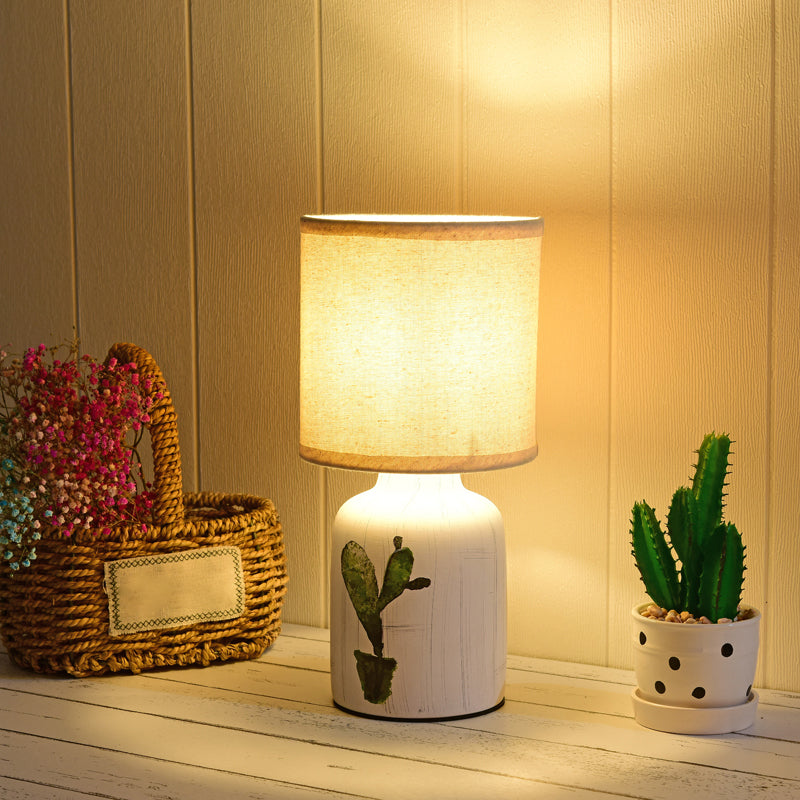 Cylinder Desk Lamp - Modernist Paper 1-Light White Table Light With Ceramic Base & Cactus Pattern