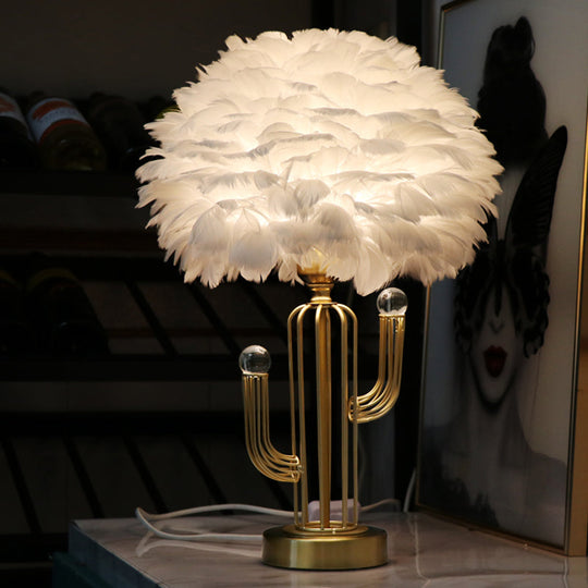 Nordic Feather Desk Lamp - Modern White Table Light With Metal Base & Clear Crystal Orbit Decor