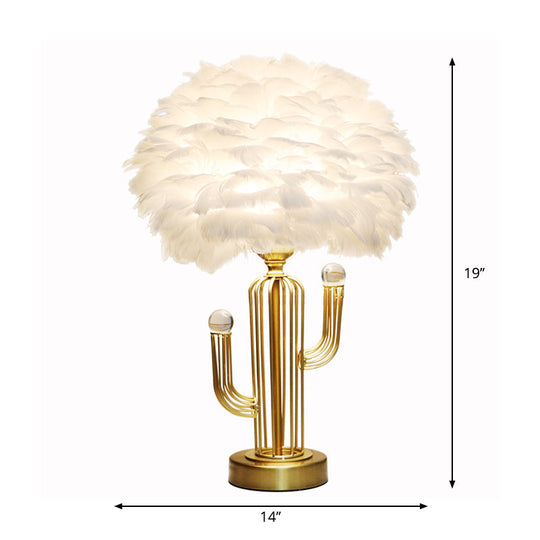 Nordic Feather Desk Lamp - Modern White Table Light With Metal Base & Clear Crystal Orbit Decor