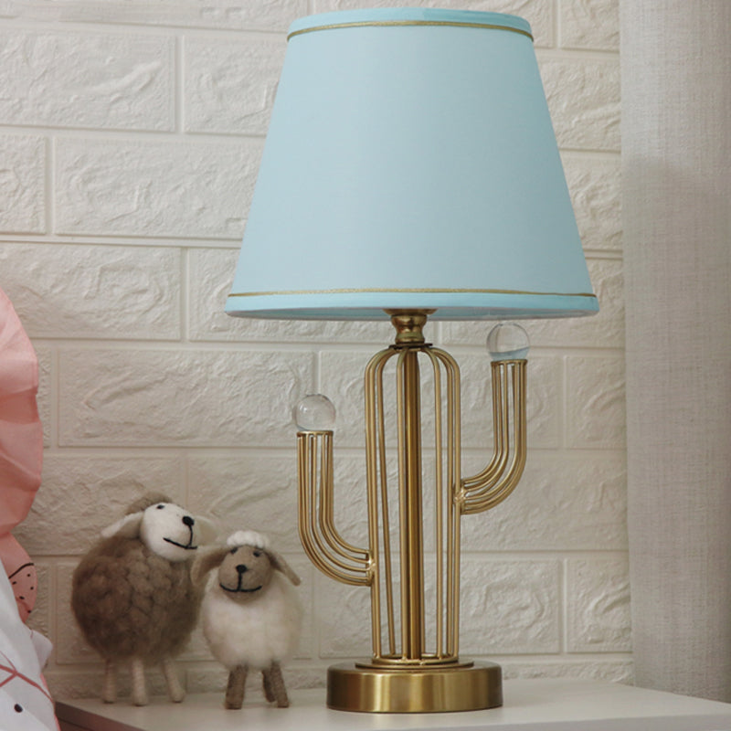 Blue Fabric Cone Night Table Lamp With Clear Crystal Orbit Decor And Metal Base