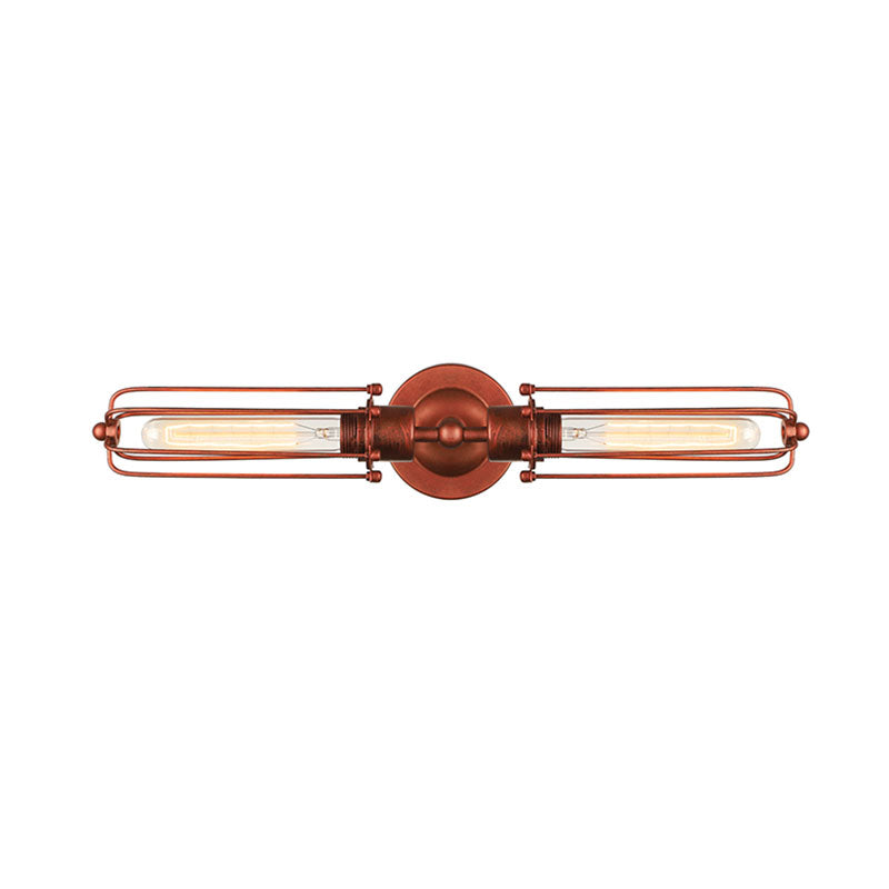 Industrial Style 2-Light Tube Cage Wall Lamp In Rust/Black For Hallway/Corridor Lighting