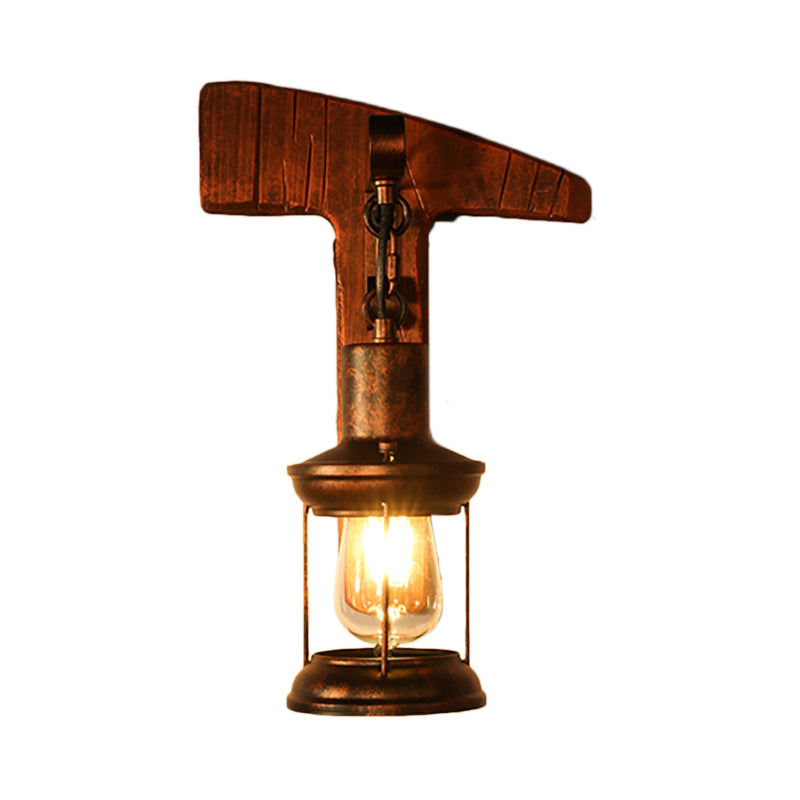 Coastal Clear Glass Lantern Sconce Light With Wooden Backplate - Rustic One-Light Fixture