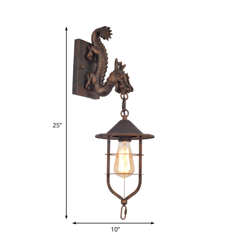 Traditional Metal Dragon Sconce: Caged Coffee Shop Wall Light Fixture With Rustic Charm