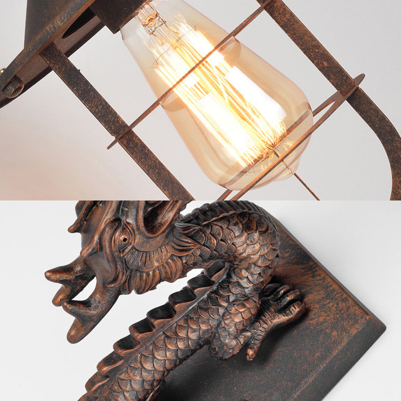 Traditional Metal Dragon Sconce: Caged Coffee Shop Wall Light Fixture With Rustic Charm