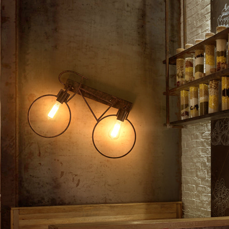 Industrial Vintage Rustic Wrought Iron Sconce Lamp For Restaurant - 2 Light Bicycle Wall Lighting