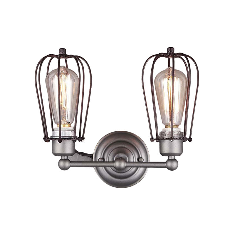 Industrial Style Caged Wall Sconce Lighting - 2-Light Metal Mini Light In Copper/Aged Silver