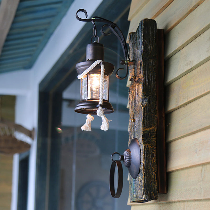 Coastal Black Kerosene Sconce With Clear Glass Bulb And Wooden Backplate For Outdoor Lighting Wood