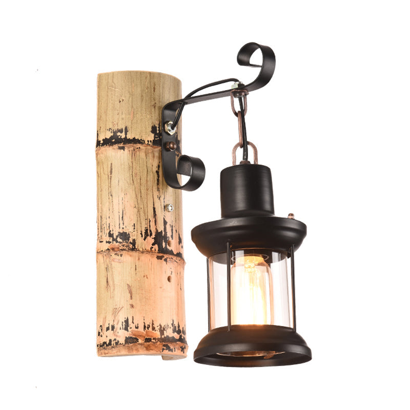 Clear Glass Lantern Wall Light - Industrial Dining Room Sconce In Black With Bamboo Backplate