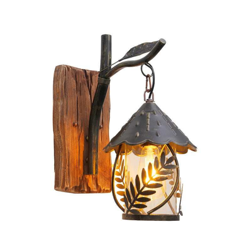 Industrial Clear Glass/Fabric Black Sconce Light With 1-Light Cylinder Leaf And Wood Backplate