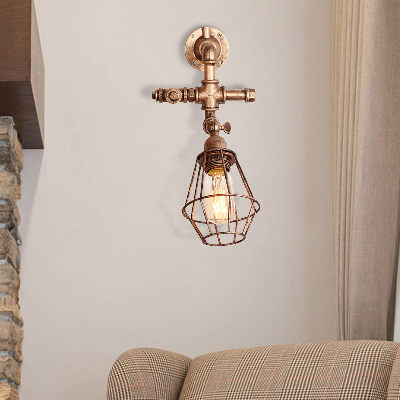 Iron Pipe Design Diamond Cage Wall Mount Light: Industrial Style Bedroom Lighting In Antique
