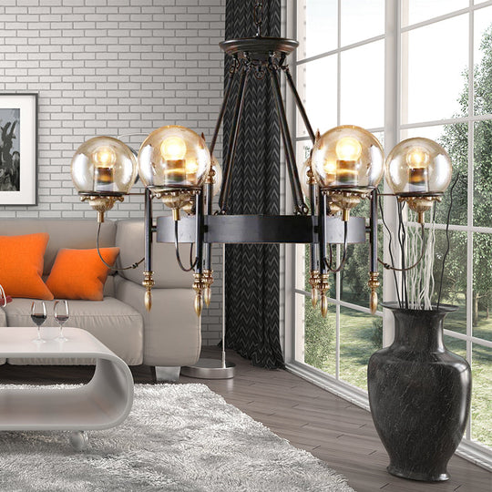 Modern 6-Light Industrial Hanging Chandelier - Clear Glass Globe Pendant Light With Clock Design