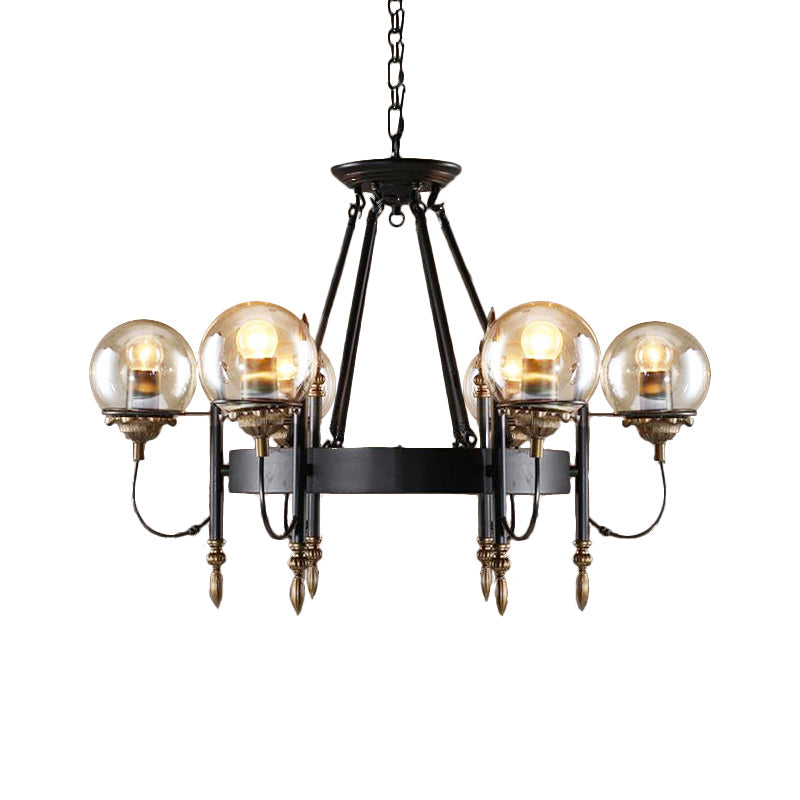 Industrial 6-Light Clear Glass Globe Chandelier with Clock Detail - Modern Pendant Light for Living Room