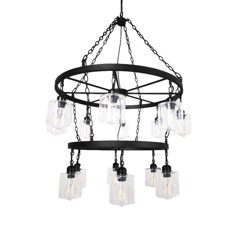 Industrial Pendant Chandelier: 2-Tier Wheel Multi-Light Lamp with Clear Glass, Black Finish, and Cylinder Shade