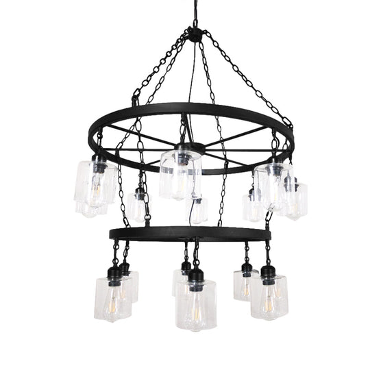 Industrial Clear Glass Black Chandelier Pendant Lamp - 2 Tiers Multi-Light Wheel Design With