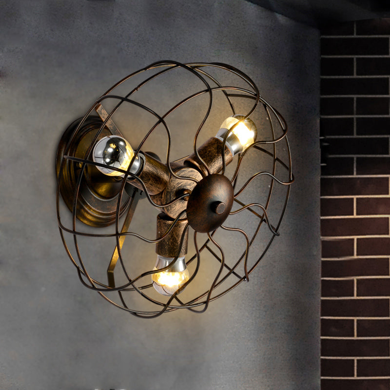Copper Fan Wall Sconce With Wrought Iron Cage Shade - Antique Style Indoor Lighting 3 Lights