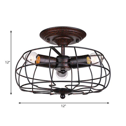 Copper Fan Wall Sconce With Wrought Iron Cage Shade - Antique Style Indoor Lighting 3 Lights