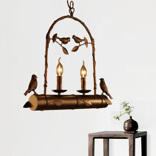 Lodge Birdcage Chandelier Lamp With Flameless Candle - 2-Light Wrought Iron Pendant Lighting In Dark