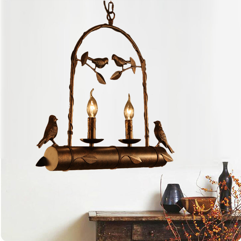 Lodge Birdcage Chandelier Lamp with Flameless Candle - Wrought Iron Pendant Lighting in Dark Rust (2 Lights)