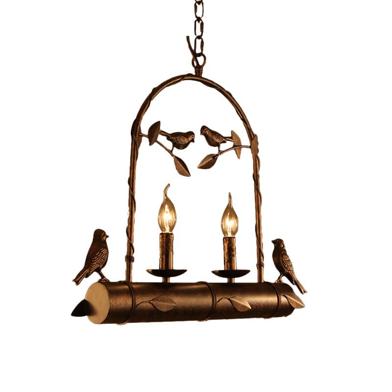 Lodge Birdcage Chandelier Lamp with Flameless Candle - Wrought Iron Pendant Lighting in Dark Rust (2 Lights)