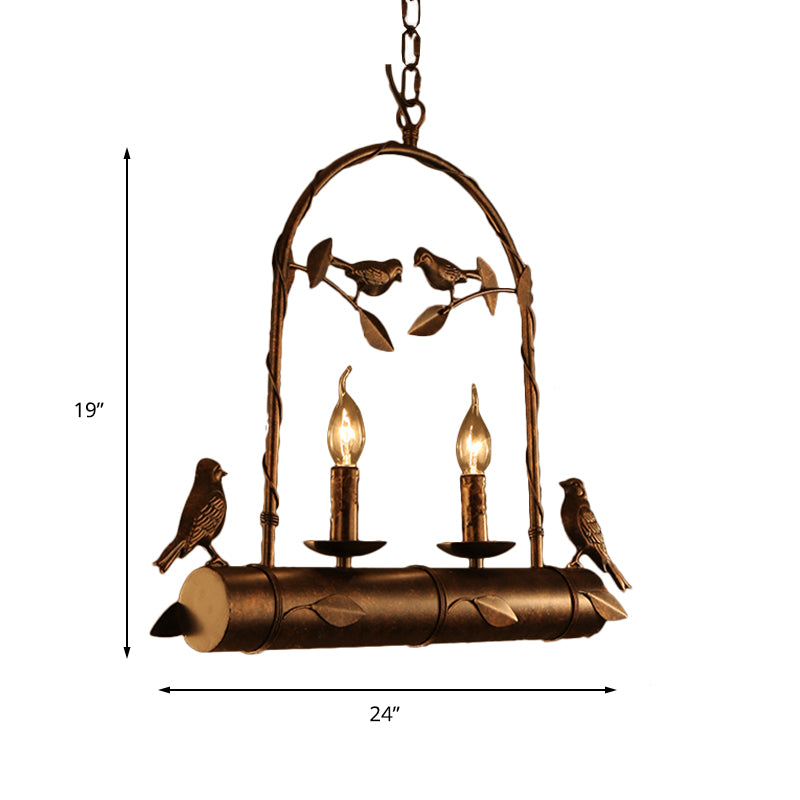 Lodge Birdcage Chandelier Lamp With Flameless Candle - 2-Light Wrought Iron Pendant Lighting In Dark