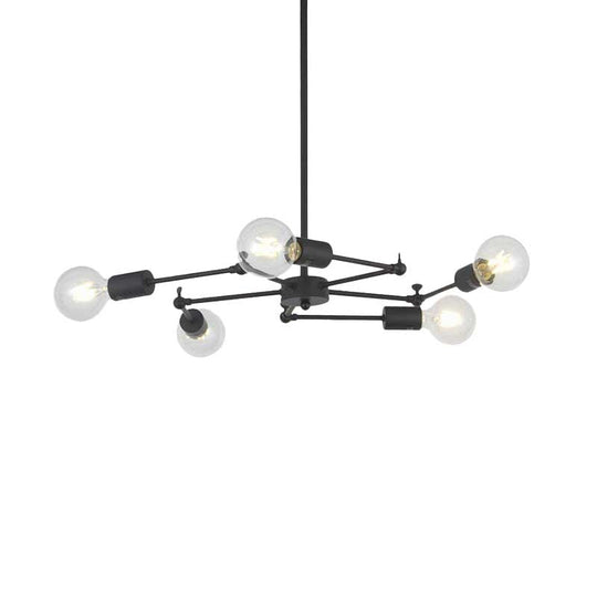 Metal Industrial Style Adjustable Chandelier with Exposed Bulbs - Multi Light Hanging Lamp for Bedroom - Black